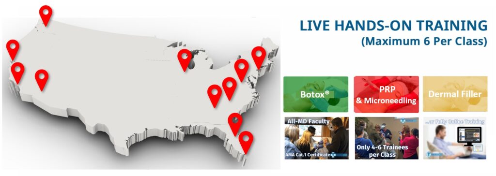 Map of PracticalCME Botox Training Certification Courses in Atlanta, New York, Charlotte, Orlando, Chicago, Phoenix, Los Angeles, San Francisco, and Seattle.